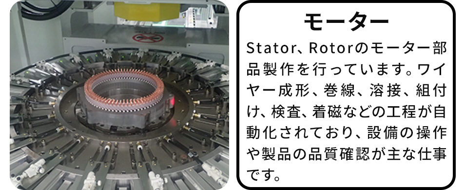 モーター:Stator、Rotorのモーター部品製作を行っています。ワイヤー成形、巻線、溶接、組付け、検査、着磁などの工程が自動化されており、設備の操作や製品の品質確認が主な仕事です。
