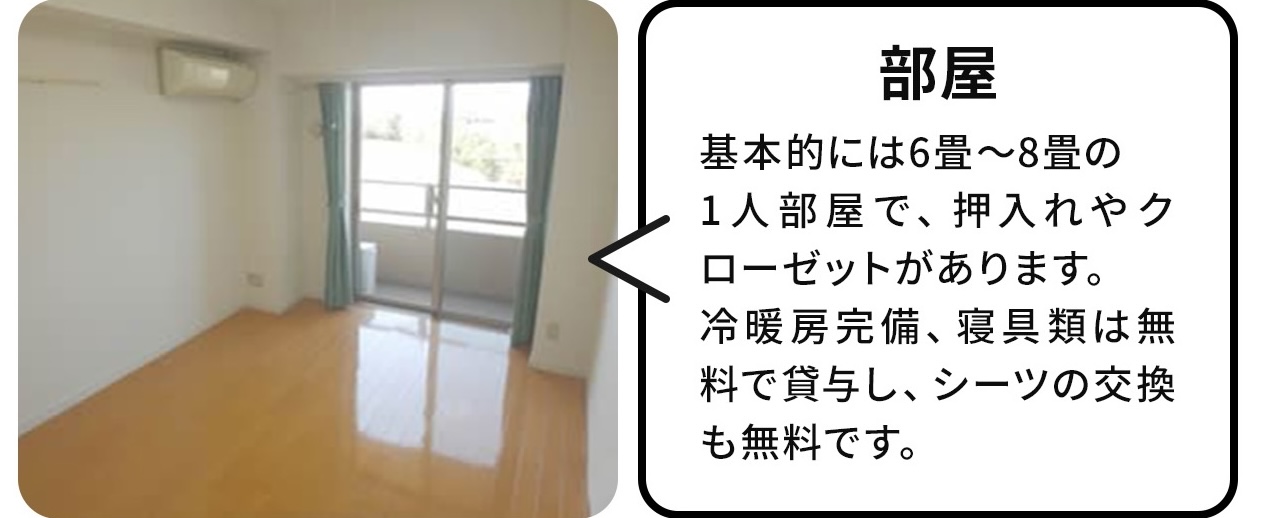 部屋:基本的には6畳から8畳の1人部屋で押し入れやクローゼットがあります。冷暖房完備シングルは無料で貸与し、シーツの交換も無料です。