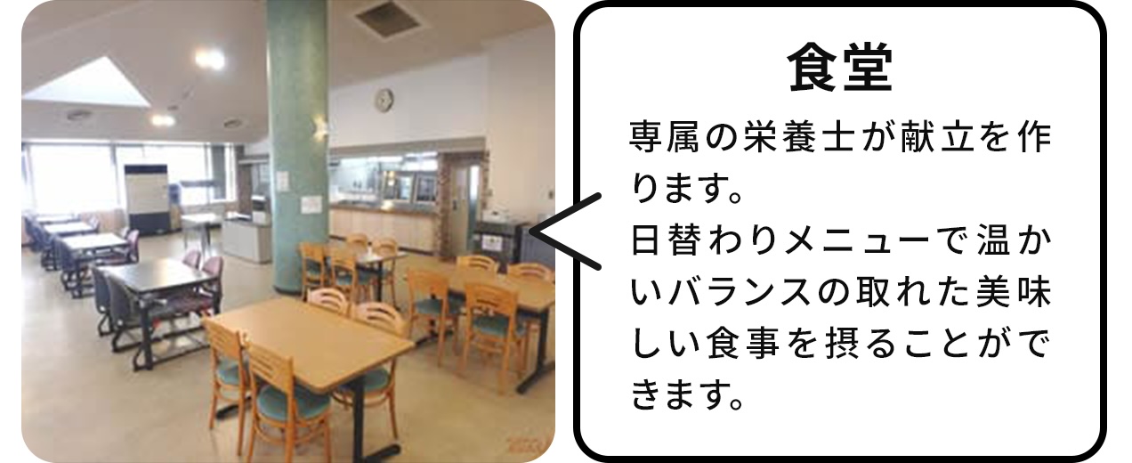 食堂:専属の栄養士が献立を作ります。日替わりメニューで温かいバランスの取れたおいしい食事を取ることができます。