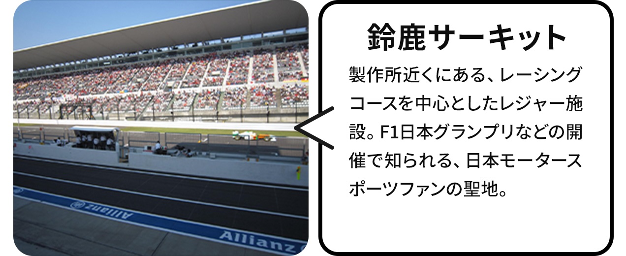 鈴鹿サーキット:製作所近くにある、レーシングコースを中心としたレジャー施設。F1日本グランプリなどの開催で知られる、日本モータースポーツファンの聖地。
